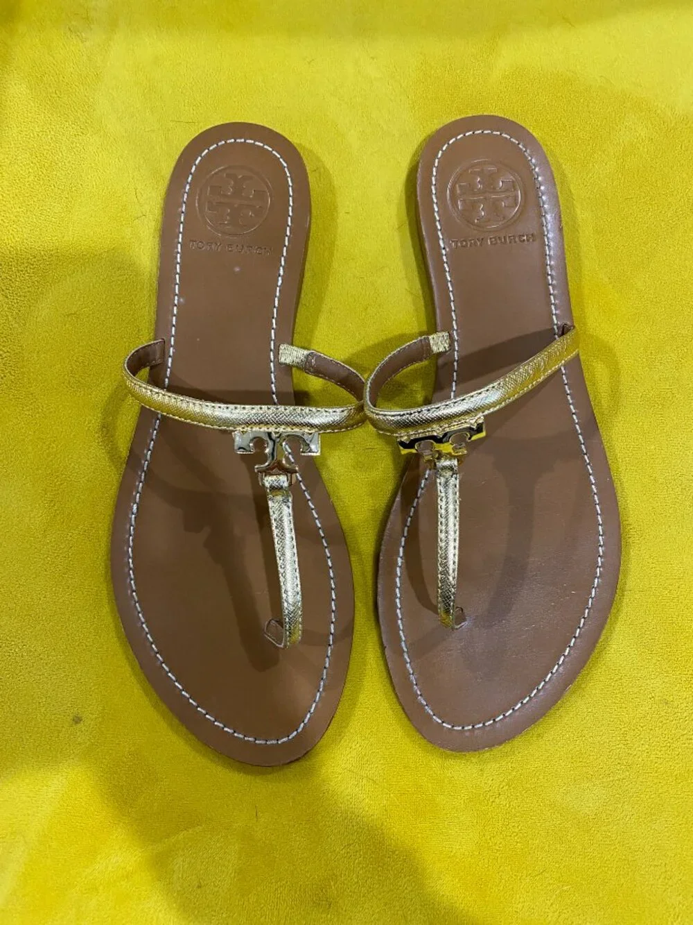 Tory Burch Gold Metallic Mini Miller Thong Sandals Leather Flip Flops Women's 8